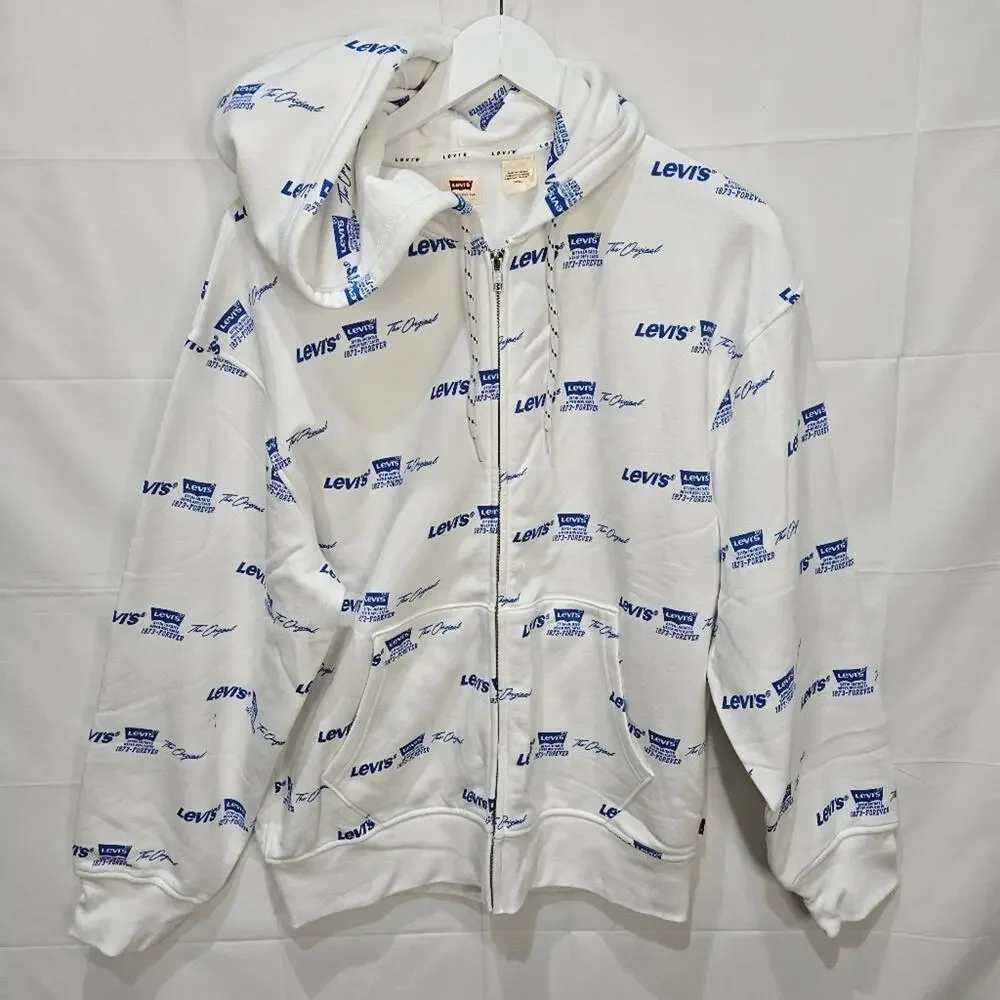 Levi's Men's Relaxed AOP White and Blue Logo Hoodie Full Zip Small